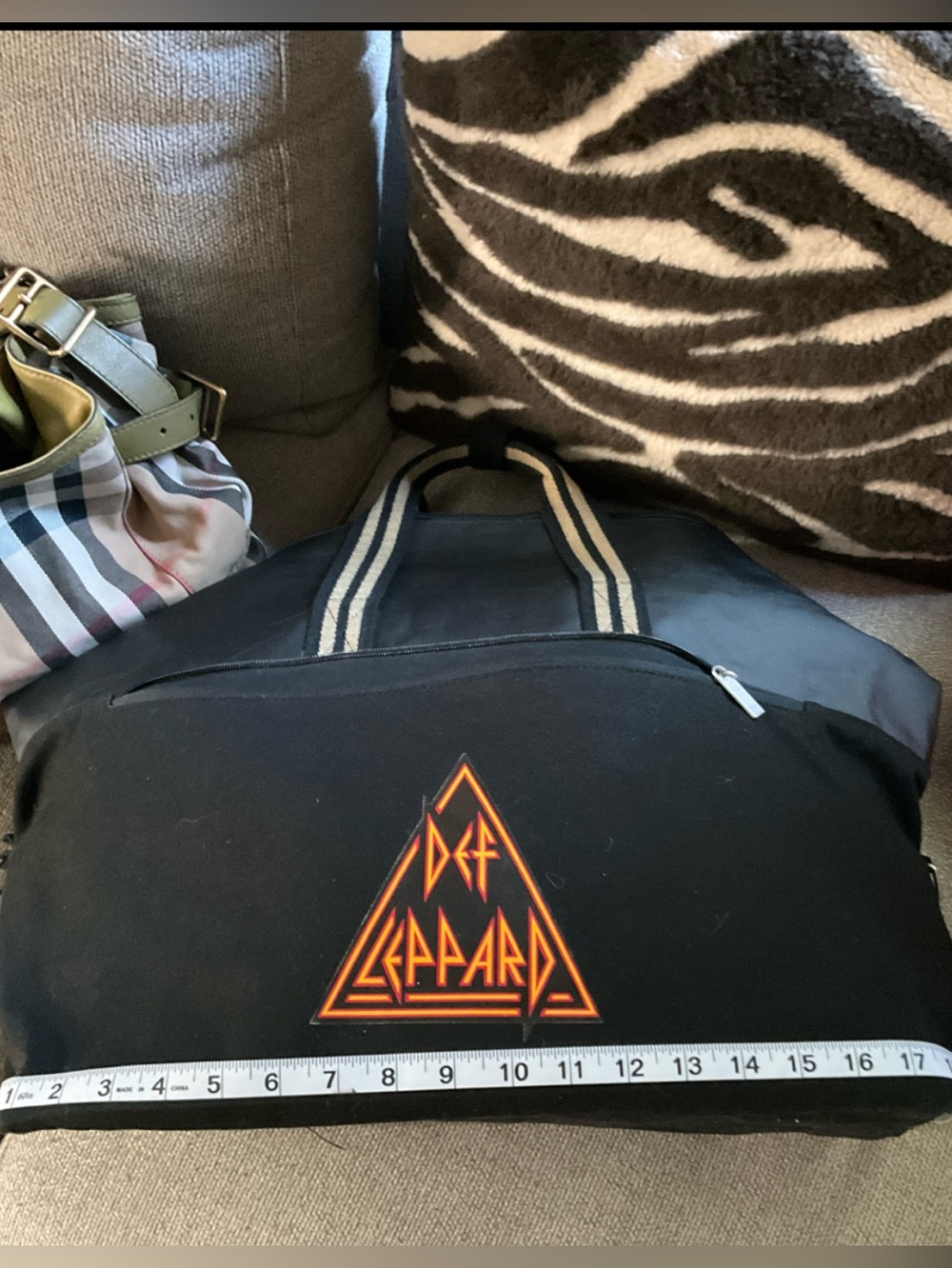 RARE DEF LEPARD Canvas Black Weekend Duffel Bag with Striped Handles - Picture 8 of 11